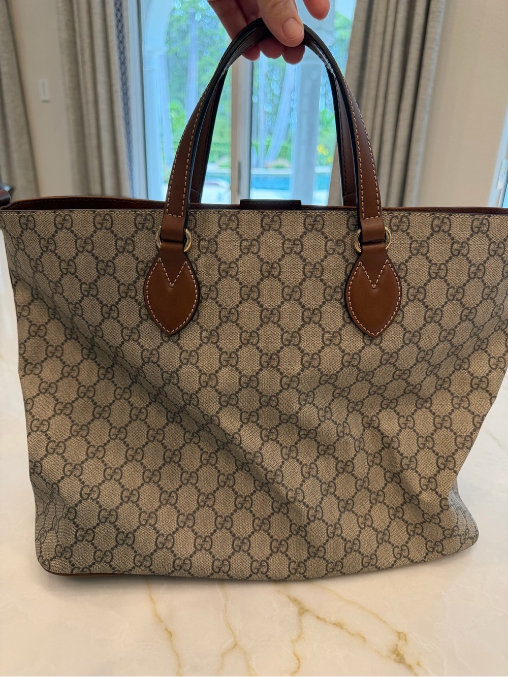 Gucci Beige GG Supreme Canvas Tote with Brown Leather Handles